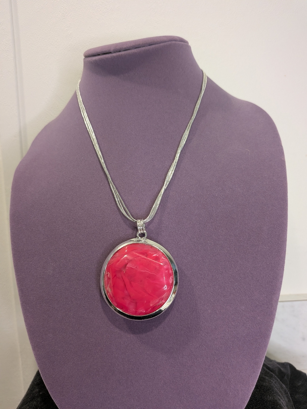 Chico's Silver-Tone Necklace with Hot Pink/Orange Reversible Resin Pendant